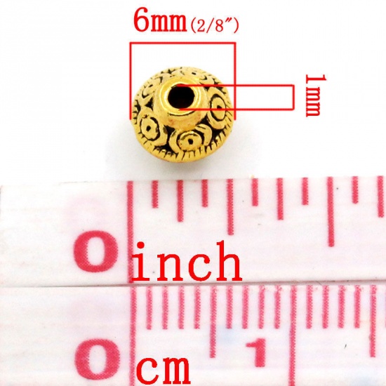 Picture of Zinc Based Alloy Spacer Beads Bicone Gold Tone Antique Gold Carved About 7mm x 6mm, Hole:Approx 1mm, 100 PCs