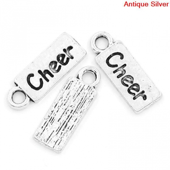 Picture of Zinc Based Alloy Charms Rectangle Antique Silver Color Message " Cheer " Carved 19mm( 6/8") x 7mm( 2/8"), 30 PCs