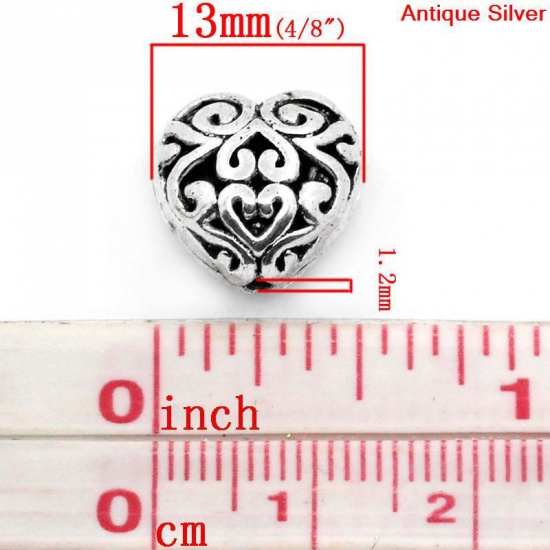 Picture of Zinc Based Alloy Beads Heart Antique Silver Color Carved Pattern Color Plated About 13mm x 13mm, Hole: Approx 1.2mm, 20 PCs