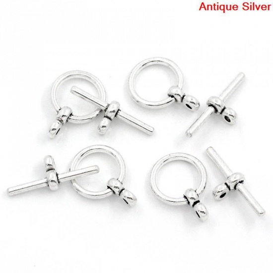 Picture of Zinc Based Alloy Toggle Clasps Round Antique Silver Color 17mm x 12mm 20mm x 8mm, 50 Sets