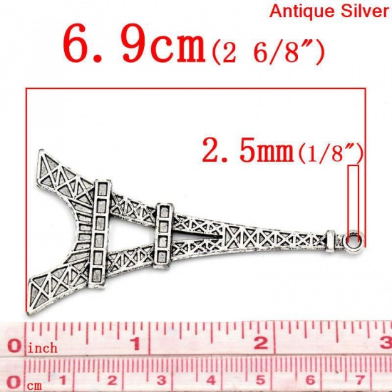 Picture of Zinc Based Alloy Pendants Travel Paris Eiffel Tower Antique Silver Color 6.9cm x 3.6cm(2 6/8"x1 3/8"), 10 PCs