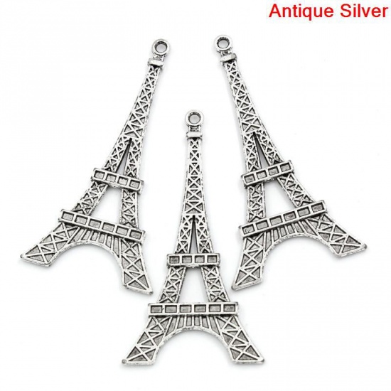 Picture of Zinc Based Alloy Pendants Travel Paris Eiffel Tower Antique Silver Color 6.9cm x 3.6cm(2 6/8"x1 3/8"), 10 PCs