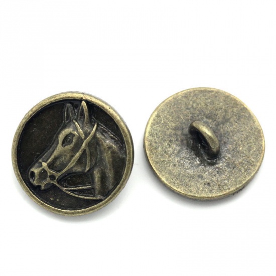 Picture of Zinc Based Alloy Metal Sewing Shank Buttons Round Antique Bronze Horse Head Carved 15mm( 5/8") Dia, 20 PCs