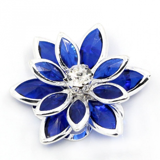 Picture of 10 PCs Brass Embellishments Flower Silver Plated Royal Blue Clear Rhinestone 24mm x 23mm