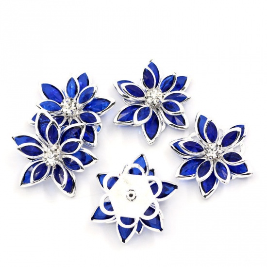 Picture of 10 PCs Brass Embellishments Flower Silver Plated Royal Blue Clear Rhinestone 24mm x 23mm