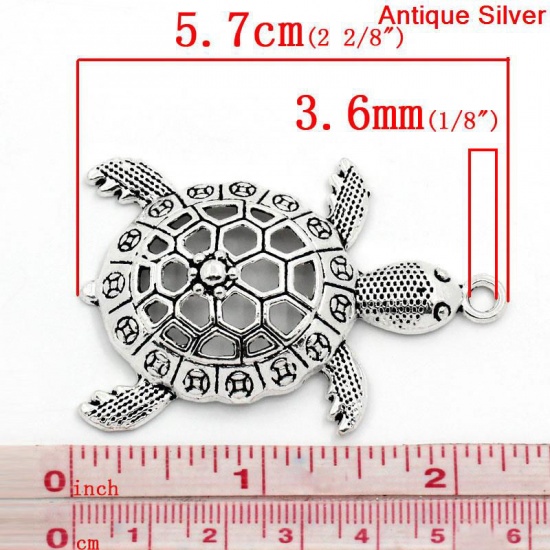 Picture of Ocean Jewelry Zinc Based Alloy Pendants Tortoise/ Turtle Animal Antique Silver Color Hollow 5.7cm x 3.9cm(2 2/8"x1 4/8"), 5 PCs