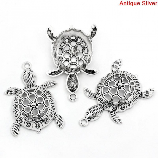 Picture of Ocean Jewelry Zinc Based Alloy Pendants Tortoise/ Turtle Animal Antique Silver Color Hollow 5.7cm x 3.9cm(2 2/8"x1 4/8"), 5 PCs