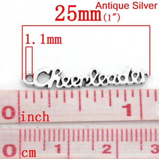 Immagine di Lega di Zinco Charm Ciondoli Irregolare Argento Antico Lettere Disegno Messaggio Cheerleader Intagliato 27.0mm x 5.0mm, 30 Pz
