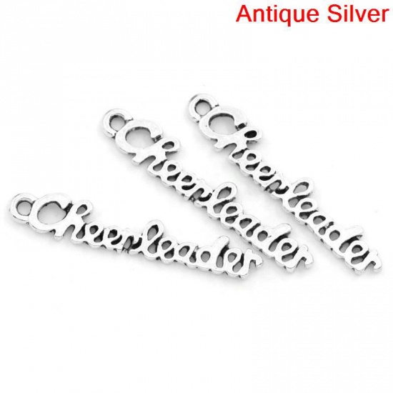 Picture of Zinc Based Alloy Charms Antique Silver Color Message "Cheerleader" Carved 27mm x 5mm(1 1/8"x 2/8"), 30 PCs