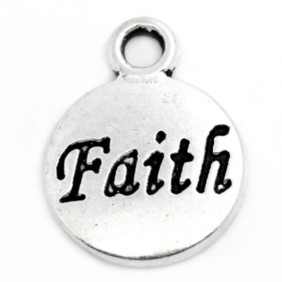 Picture of Zinc Based Alloy Charms Round Antique Silver Color Message " Faith " Carved 15mm x 12mm( 5/8"x 4/8"), 50 PCs