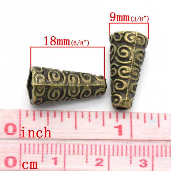 Immagine di Lega di Zinco Separatori Perline Cono Bronzo Antico Placcato Modello Disegno Circa 18.0mm x 9.0mm, Foro:Circa 2.0mm, 50 Pz