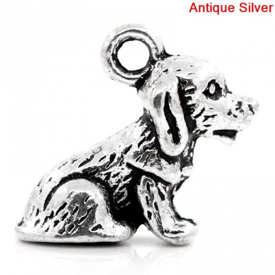 Bild von Zinklegierung Charm Anhänger Tier Hund Antik Silber 16.5mm x 14.0mm, 30 Stücke