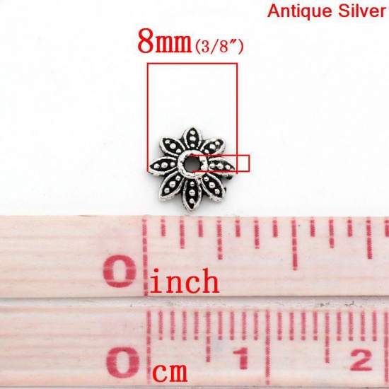 Picture of Zinc Based Alloy Beads Caps Flower Antique Silver Color Dot Pattern (Fits 10mm-12mm Beads) 8mm x 8mm, 200 PCs