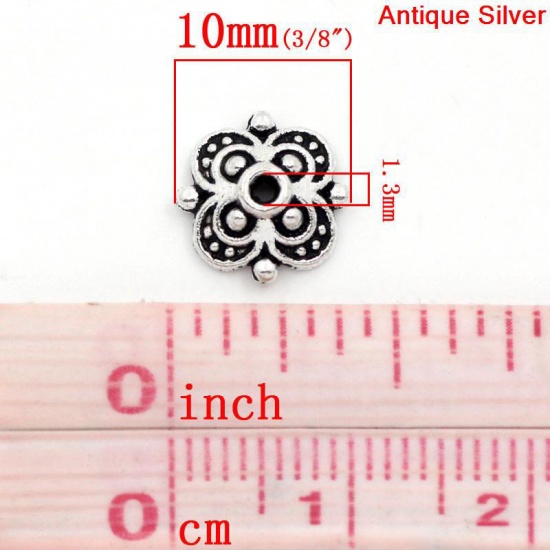 Picture of Zinc Based Alloy Beads Caps Flower Antique Silver Color (Fits 12mm-14mm Beads) 10mm x 10mm, 100 PCs