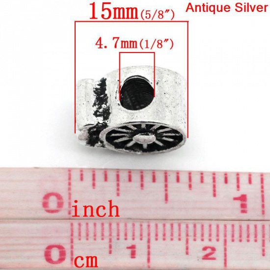 Picture of Zinc Metal Alloy European Style Large Hole Charm Beads Wheel Antique Silver Color 15x11mm, Hole: Approx 4.7mm, 10 PCs
