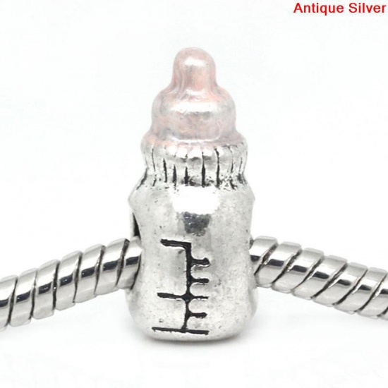 Picture of Zinc Metal Alloy European Style Large Hole Charm Beads Milk Bottle Antique Silver Color Pink Enamel About 16mm x 9mm, Hole: Approx 4.4mm x 4.5mm, 10 PCs