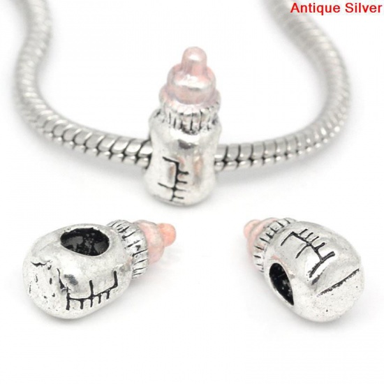 Picture of Zinc Metal Alloy European Style Large Hole Charm Beads Milk Bottle Antique Silver Color Pink Enamel About 16mm x 9mm, Hole: Approx 4.4mm x 4.5mm, 10 PCs