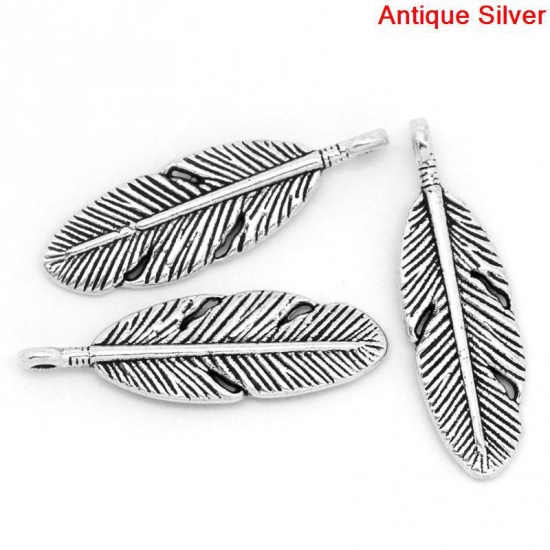 Image de Pendentif en Alliage de Zinc Plume Argent Vieilli 30mm x 9mm, 50 Pcs 