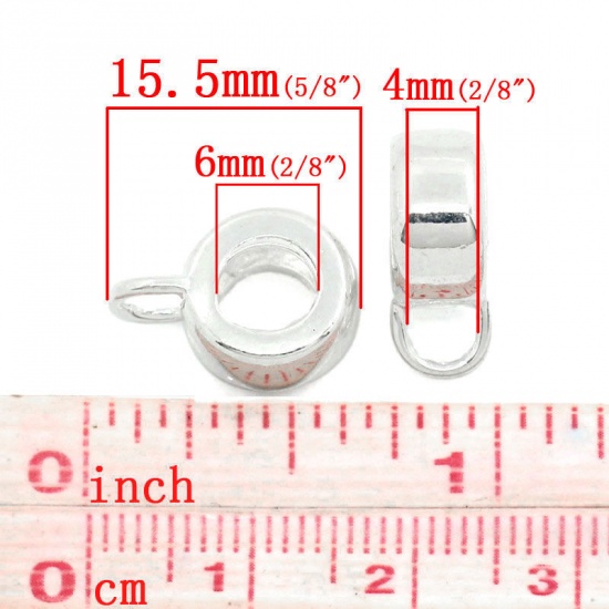 Picture of Copper European Style Bail Beads With Loop For DIY Jewelry Making Findings Oval Silver Plated 15.5mm x 11mm, 5 PCs