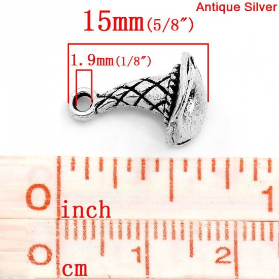 Picture of Zinc Based Alloy Halloween Charms Witch's Hat Grid Carved Antique Silver Color 15mm( 5/8") x 11mm( 3/8"), 50 PCs