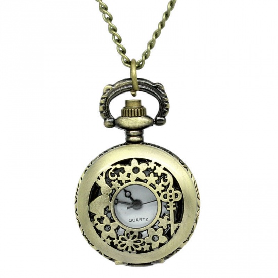 Picture of Pocket Watches Antique Bronze Hollow Flower Rabbit Carved Battery Included 85cm long(33 4/8"),1Piece