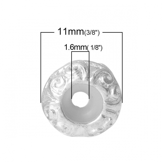Immagine di Lega di Zinco Perline Distanziali Stopper con Anima in Gomma Tondo Piatto Argento Placcato 11mm x 5mm, Foro: 1.6mm, 10 Pz