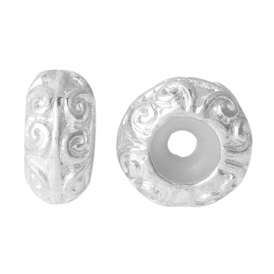 Immagine di Lega di Zinco Perline Distanziali Stopper con Anima in Gomma Tondo Piatto Argento Placcato 11mm x 5mm, Foro: 1.6mm, 10 Pz