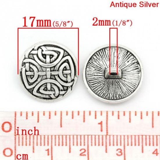 Picture of Zinc Based Alloy Metal Sewing Shank Buttons Round Antique Silver Color Knot Carved 17mm( 5/8") Dia, 30 PCs