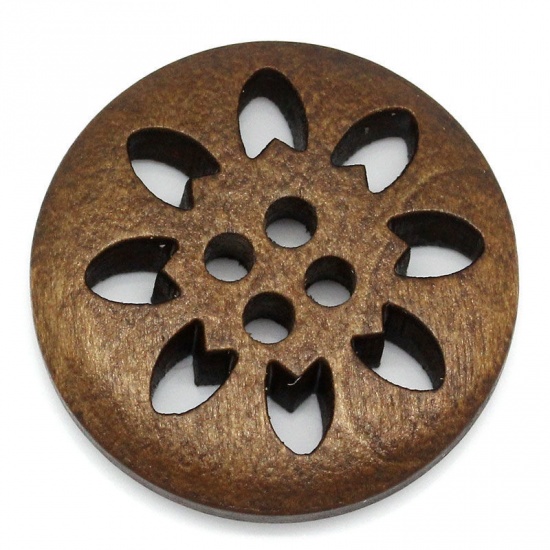 Bild von Holz Knopf zum aufnähen Rund Braun 4 Löcher mit Schneeflocke Muster 25mm D 50 Stück