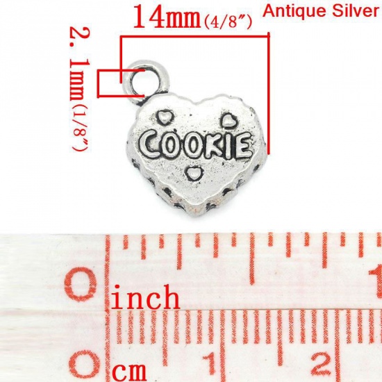 Picture of Charm Pendants Love Heart Antique Silver Color "COOKIE" Carved 13x14mm,30PCs