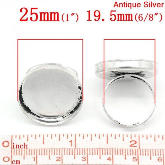 Picture of Brass Adjustable Cabochon Settings Rings Round Antique Silver Color (Fits 25mm Dia) 19.5mm( 6/8")(US Size 9.5), 10 PCs                                                                                                                                        