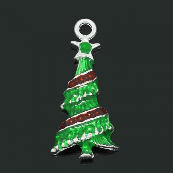 Picture of Charm Pendants Christmas Tree Silver Plated Enamel Green & Red 3x1.4cm,10PCs