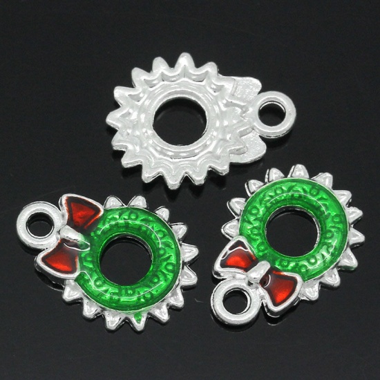 Picture of Charm Pendants Christmas Wreath Silver Plated Enamel Red&Green 18x13mm,10PCs