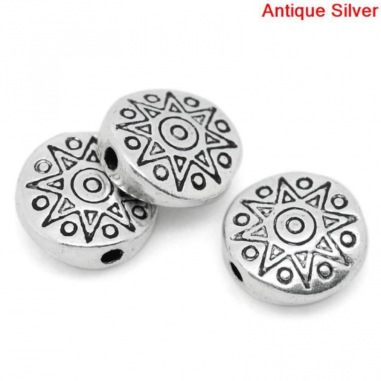 Bild von Zinklegierung Perlen Rund Antik Silber, mit Sonne Muster, 10mm D., Loch: 1.4mm, 50 Stück