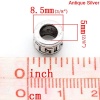 Picture of Zinc Metal Alloy European Style Large Hole Charm Beads Cylinder Antique Silver Color Pattern Carved About 8.5mm x 6.5mm, Hole: Approx 5mm, 50 PCs