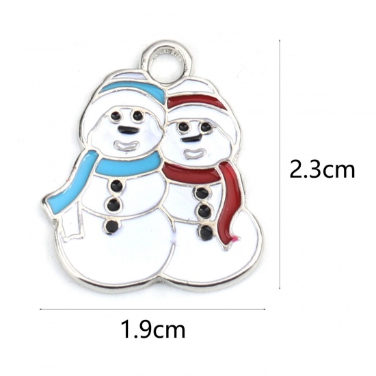 Picture of Zinc Based Alloy Pendants Silver Tone Multicolor Christmas Snowman Enamel 23mm x 19mm, 10 PCs