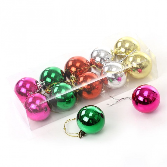 Picture of 1 Box ( 10 PCs/Box) Acrylic Hanging Decoration Mixed Color Round Christmas Baubles Balls For Christmas Tree Party Ornaments 6cm x 4.9cm