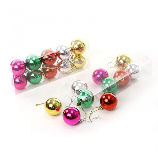 Picture of 1 Box ( 10 PCs/Box) Acrylic Hanging Decoration Mixed Color Round Christmas Baubles Balls For Christmas Tree Party Ornaments 6cm x 4.9cm