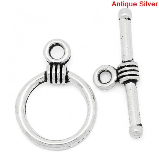Picture of Zinc Based Alloy Toggle Clasps Round Antique Silver Color 11mm x 16mm 19mm x 6mm, 100 Sets
