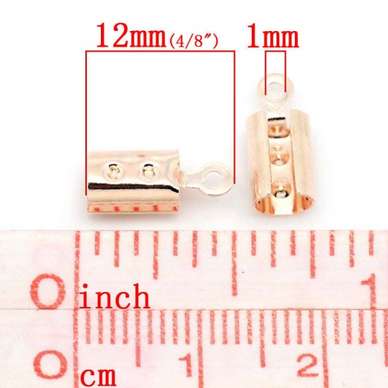 Picture of Brass Cord Crimp End Caps For Jewelry Necklace Bracelet Rose Gold W/Loop (Fits 4mm Cord) 12mm x 5mm( 4/8"x 2/8"), 100 PCs                                                                                                                                     
