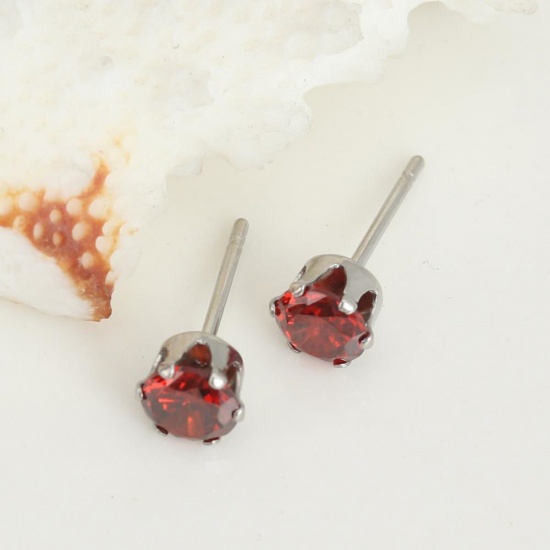 Picture of 316 Stainless Steel Ear Post Stud Earrings Silver Tone Round Orange Cubic Zirconia 6mm x 5mm, Post/ Wire Size: (20 gauge), 1 Pair