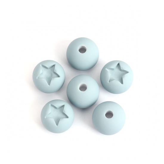 Picture of Acrylic Rubberized Spacer Beads (Half Drilled) Round Steel Gray Pentagram Star Pattern Cabochon Settings (Fit 8mm x 8mm ) About 16mm Dia., Hole: Approx 3.5mm, 10 PCs