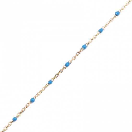 Picture of 304 Stainless Steel Link Cable Chain Gold Plated Light Blue Enamel 2.5x2mm, 1 M