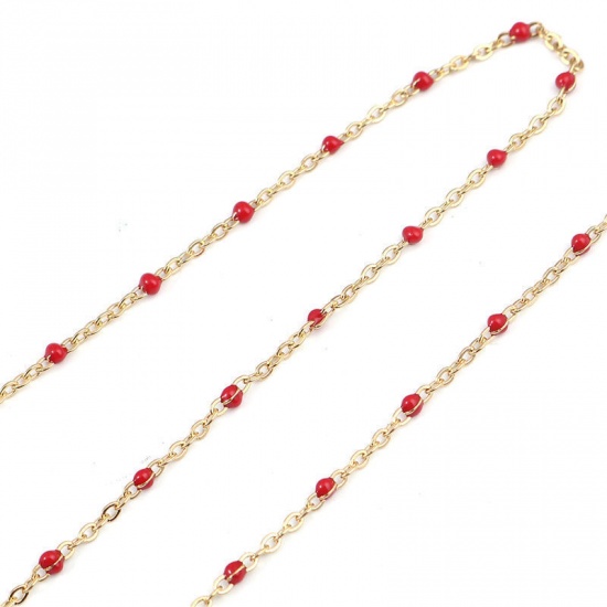 Picture of 304 Stainless Steel Link Cable Chain Gold Plated Fuchsia Enamel 2.5x2mm, 1 M