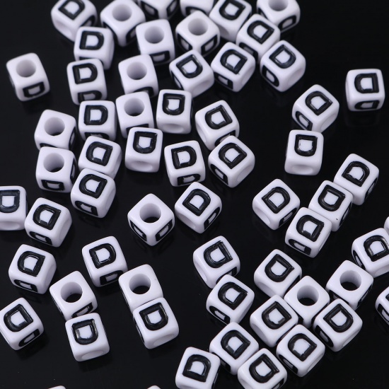 Bild von Acryl Zwischenperlen Spacer Perlen Quadrat Schwarz & Weiß Anfangsbuchstabe/ Großbuchstabe Message " D " Emaille ca. 7mm x 7mm, Loch:ca. 3.8mm, 200 Stück