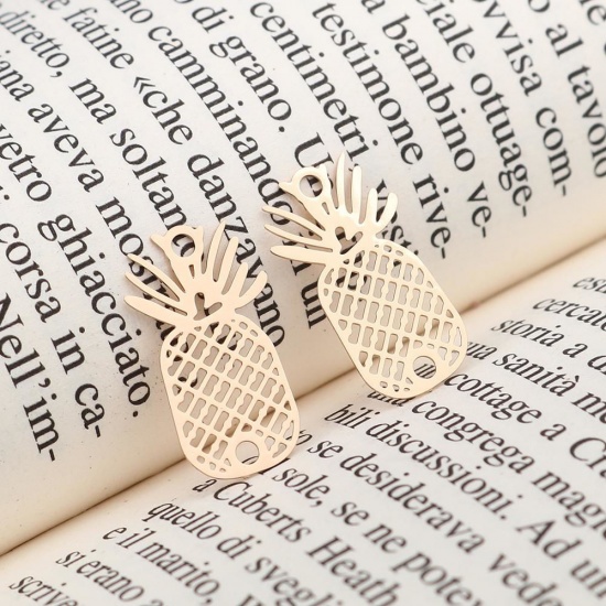 Picture of Brass Filigree Stamping Connectors Pineapple/ Ananas Fruit Peach Pink 21mm x 12mm, 10 PCs                                                                                                                                                                     