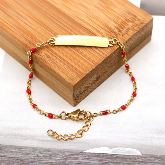 Image de BraceletsÉtiquettes d'Estampage Vierges en 304 Acier Inoxydable Rectangle Doré Rouge Polissage Unilatéral 18cm long, 1 Pièce