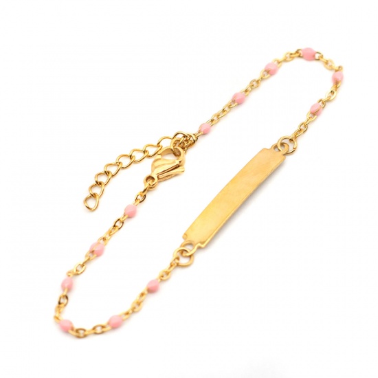 Bild von 304 Edelstahl Leere Stempeletiketten Armband Rechteck Vergoldet Rosa Einseitiges Polieren 18cm lang, 1 Strang