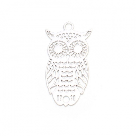 Imagen de Latón Colgantes Charms Tono de Plata Búho Filigrana Estampación 24mm x 13mm, 10 Unidades