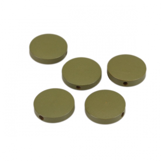 Picture of Wood Spacer Beads Flat Round Army Green About 15mm Dia., Hole: Approx 1.2mm, 50 PCs
